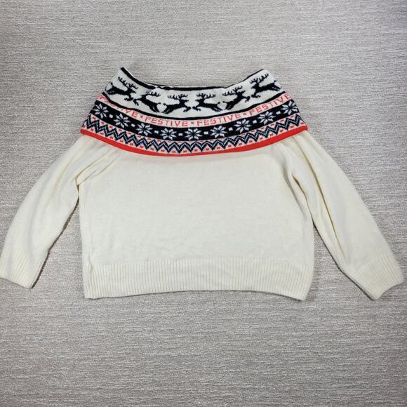 H&M Festive Reindeer Sweater Womens L White Off The Shoulder Holiday Christmas - Picture 5 of 16